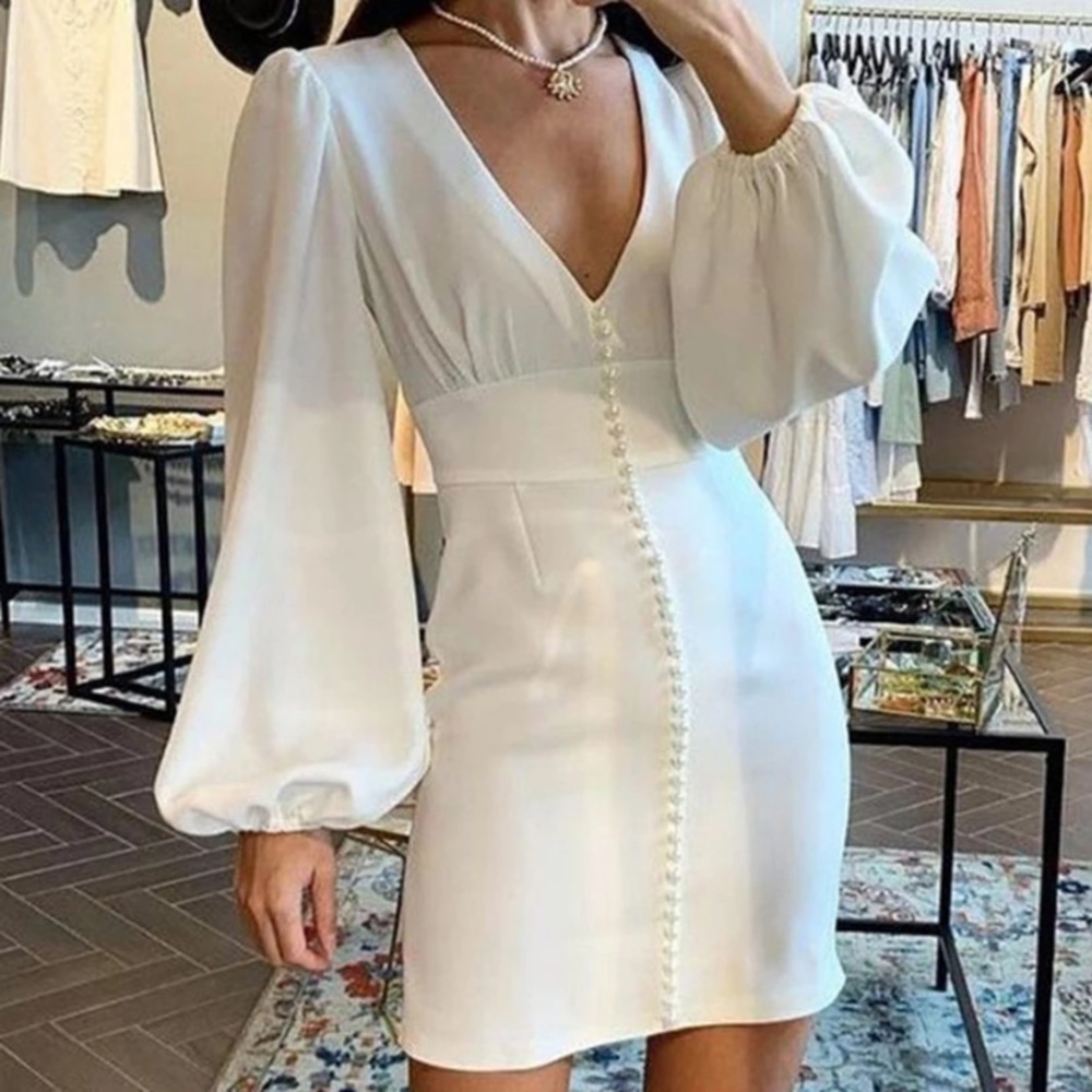 White Pearl Embellished V Neck Dress